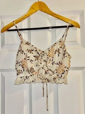 Blue Life Cream Floral Lace-Up Cropped Cami Tank Top Shirt Small Floral